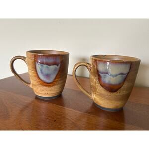 2 Mugs - Sango Splash Brown Drip Glaze Stoneware